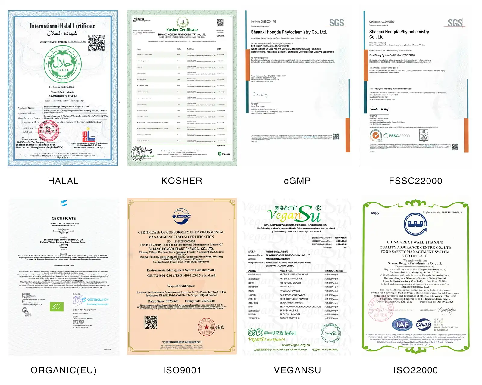 Shaanxi hongda phytochemistry's certifications